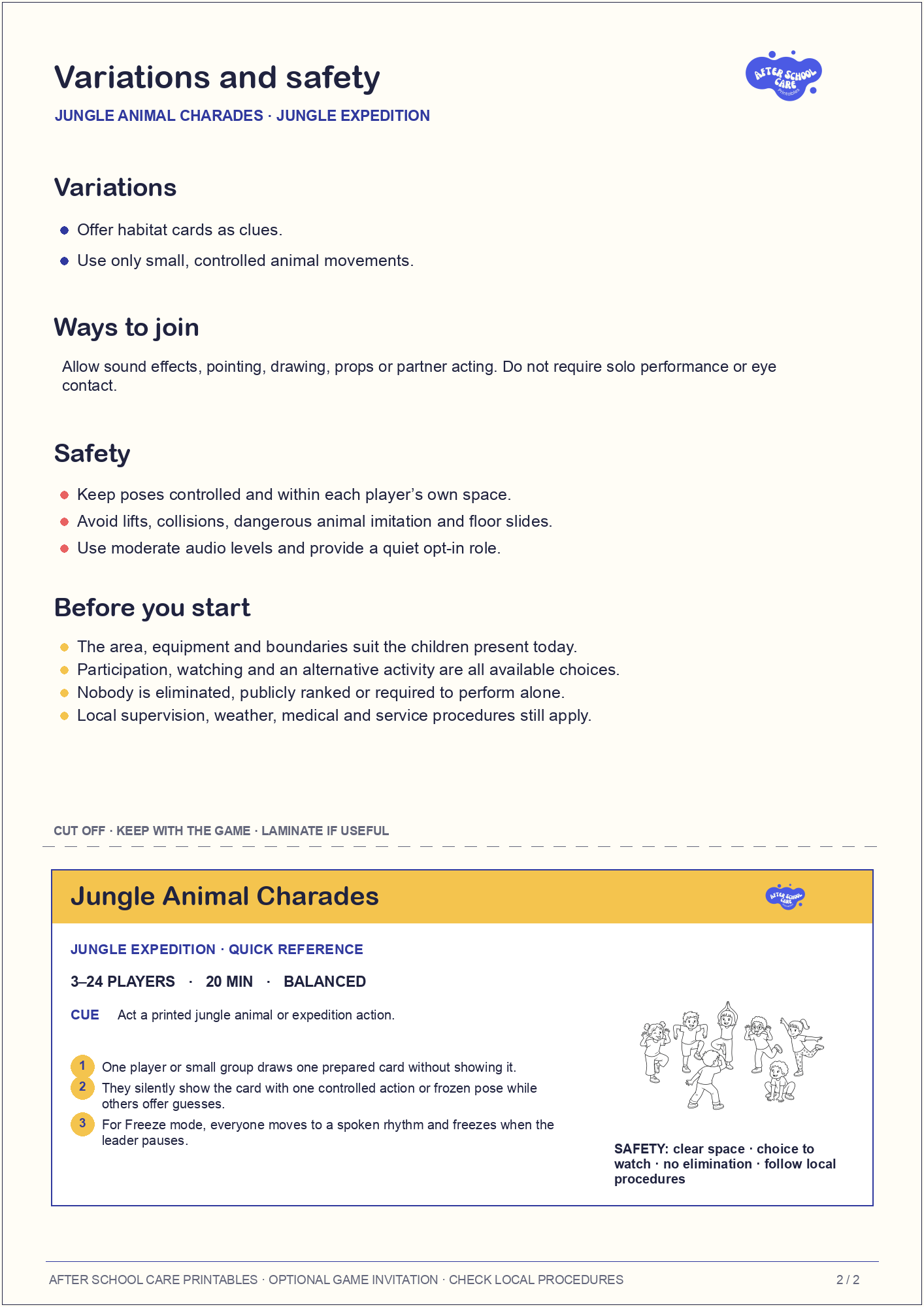 Jungle Animal Charades – Jungle Expedition Printable Game variations and safety page preview