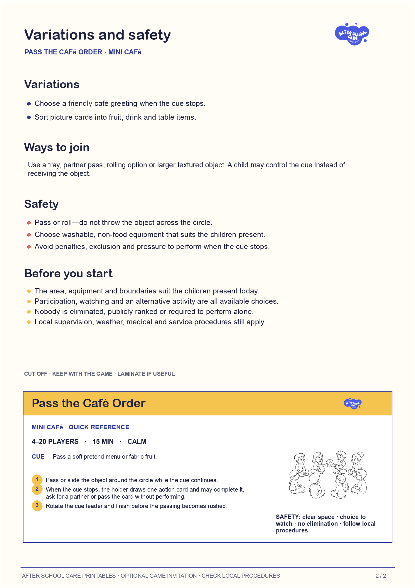 Pass the Café Order – Mini Café Printable Game variations and safety page preview