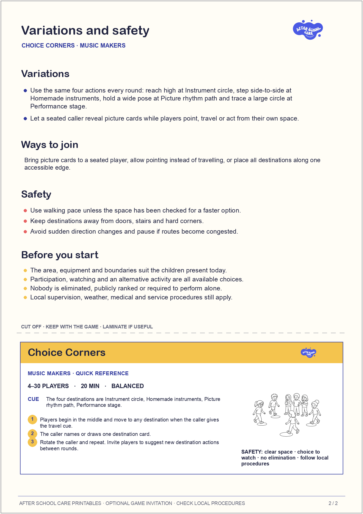 Choice Corners – Music Makers Printable Game variations and safety page preview