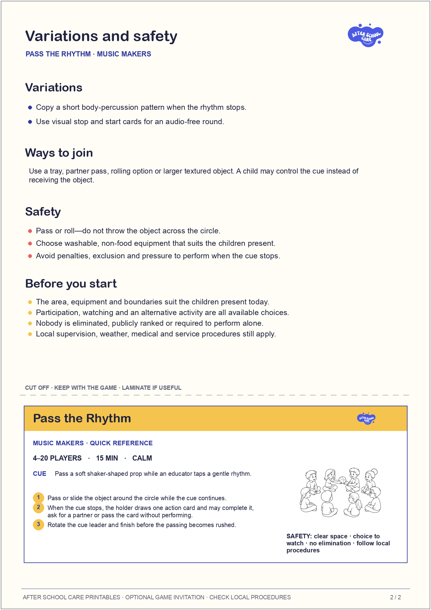 Pass the Rhythm – Music Makers Printable Game variations and safety page preview
