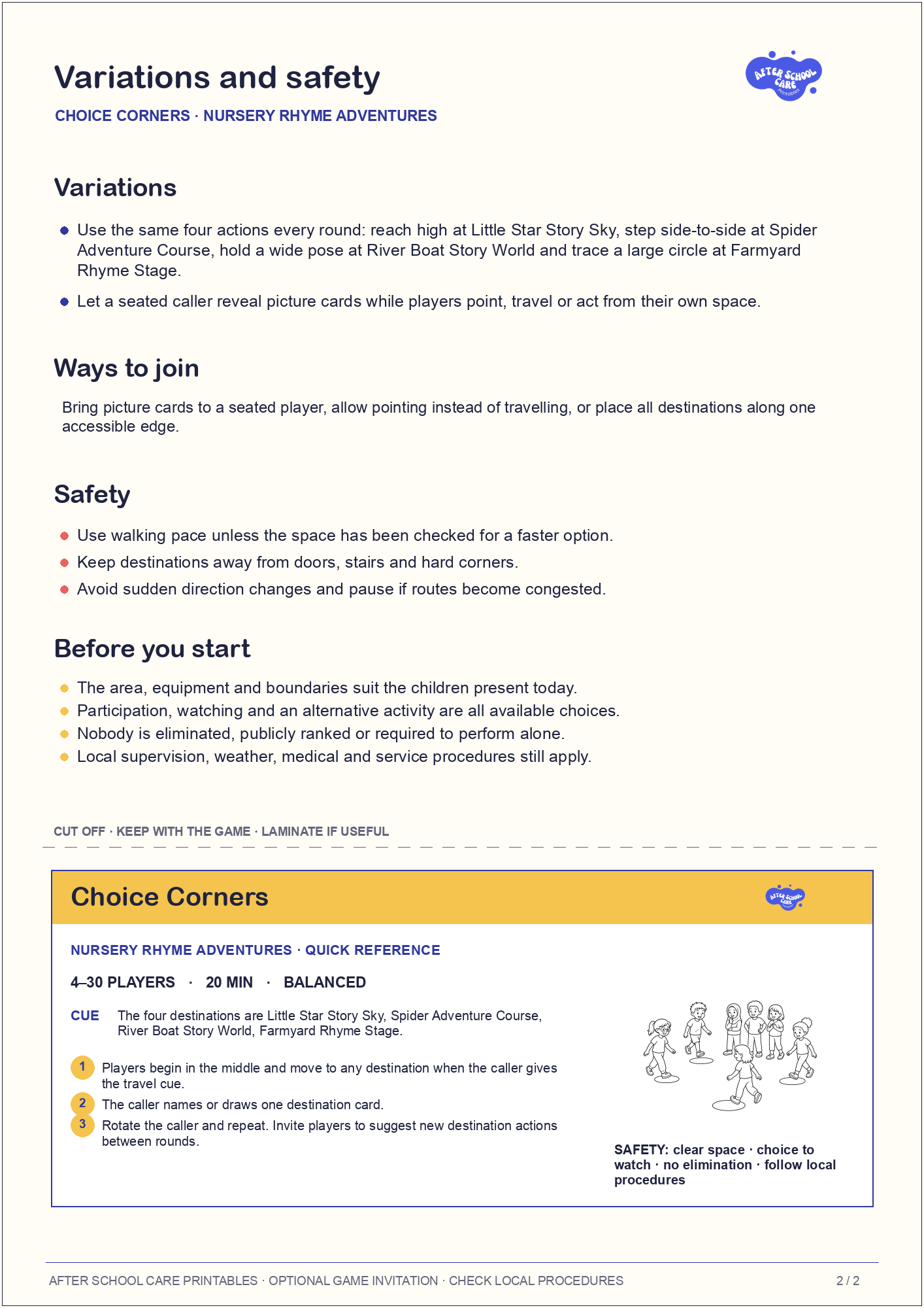 Choice Corners – Nursery Rhyme Adventures Printable Game variations and safety page preview