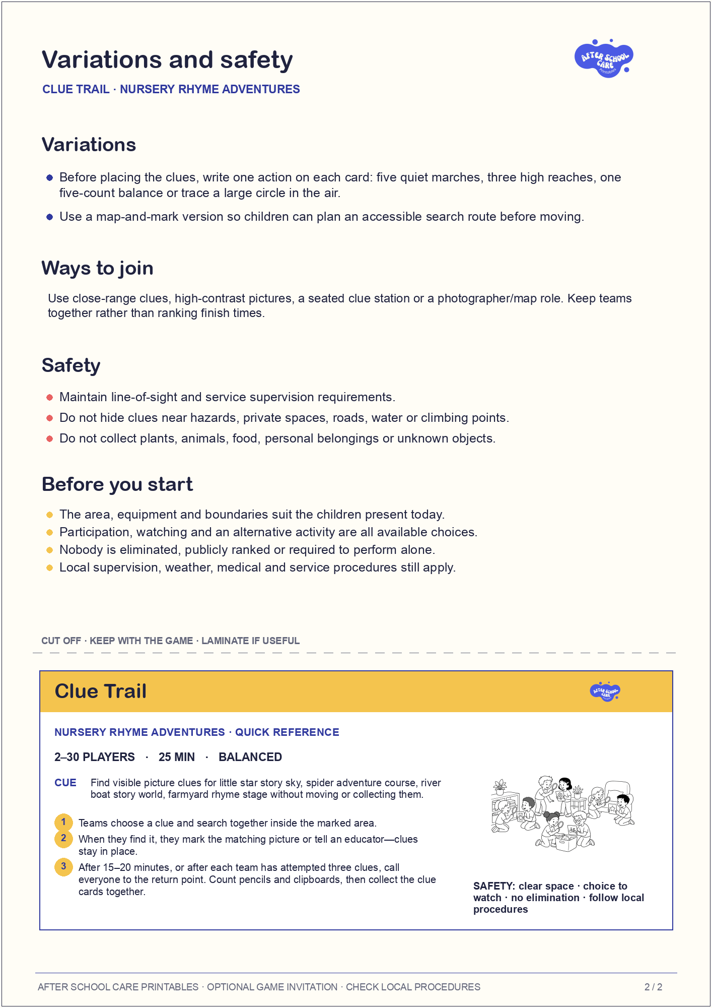 Clue Trail – Nursery Rhyme Adventures Printable Game variations and safety page preview