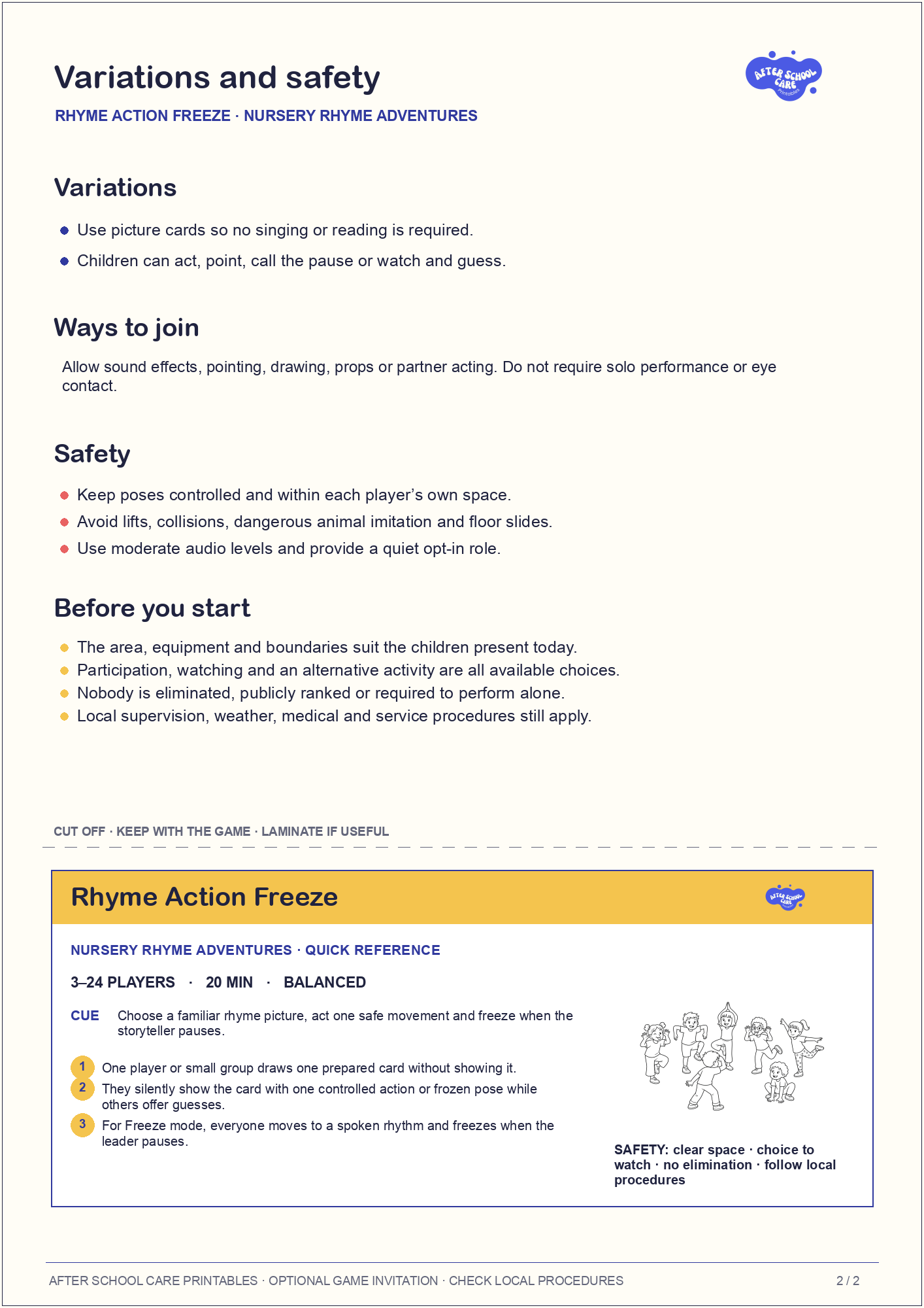 Rhyme Action Freeze – Nursery Rhyme Adventures Printable Game variations and safety page preview
