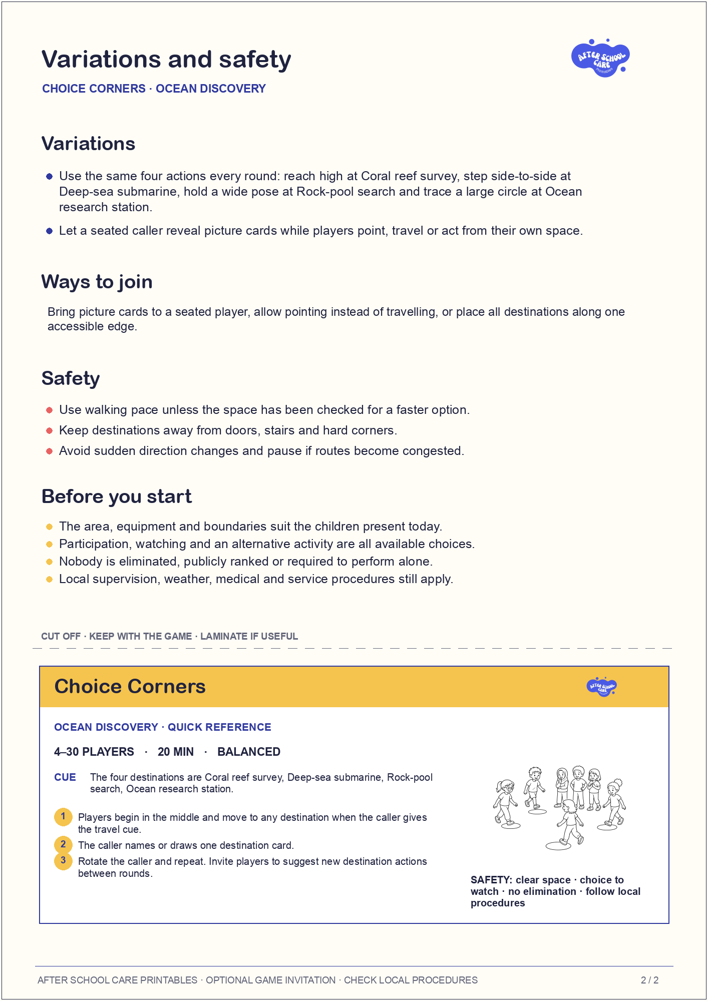 Choice Corners – Ocean Discovery Printable Game variations and safety page preview