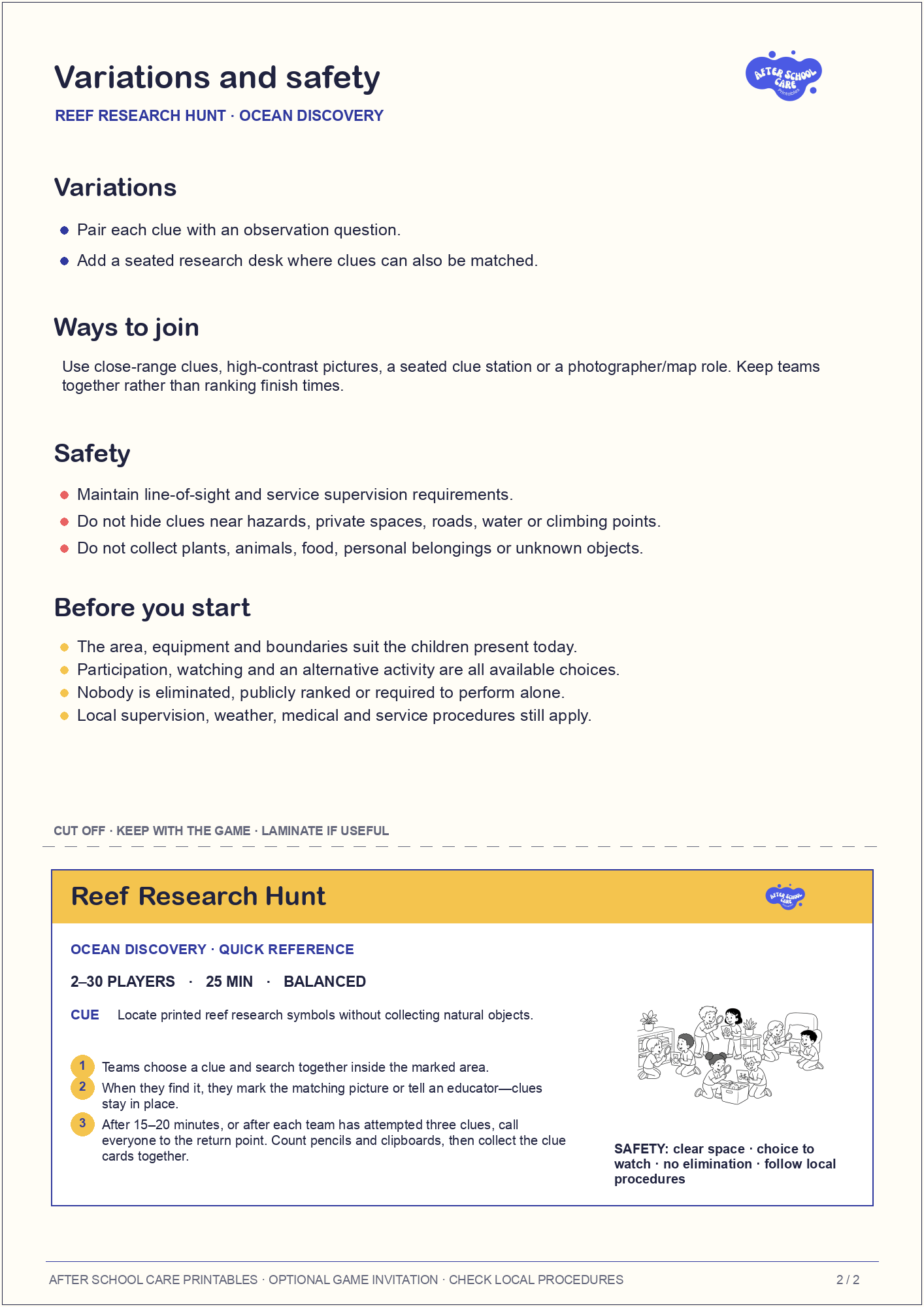 Reef Research Hunt – Ocean Discovery Printable Game variations and safety page preview