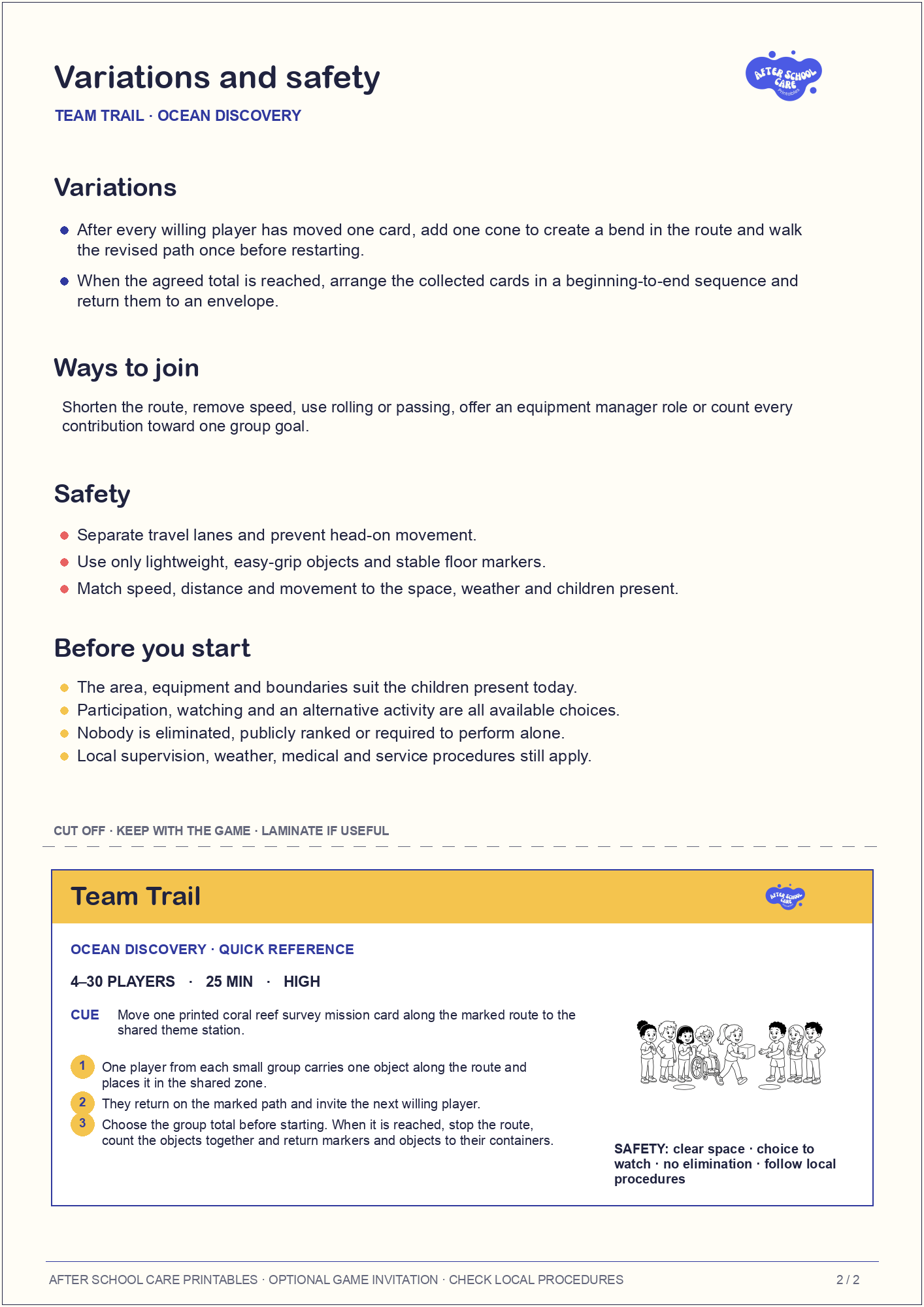 Team Trail – Ocean Discovery Printable Game variations and safety page preview