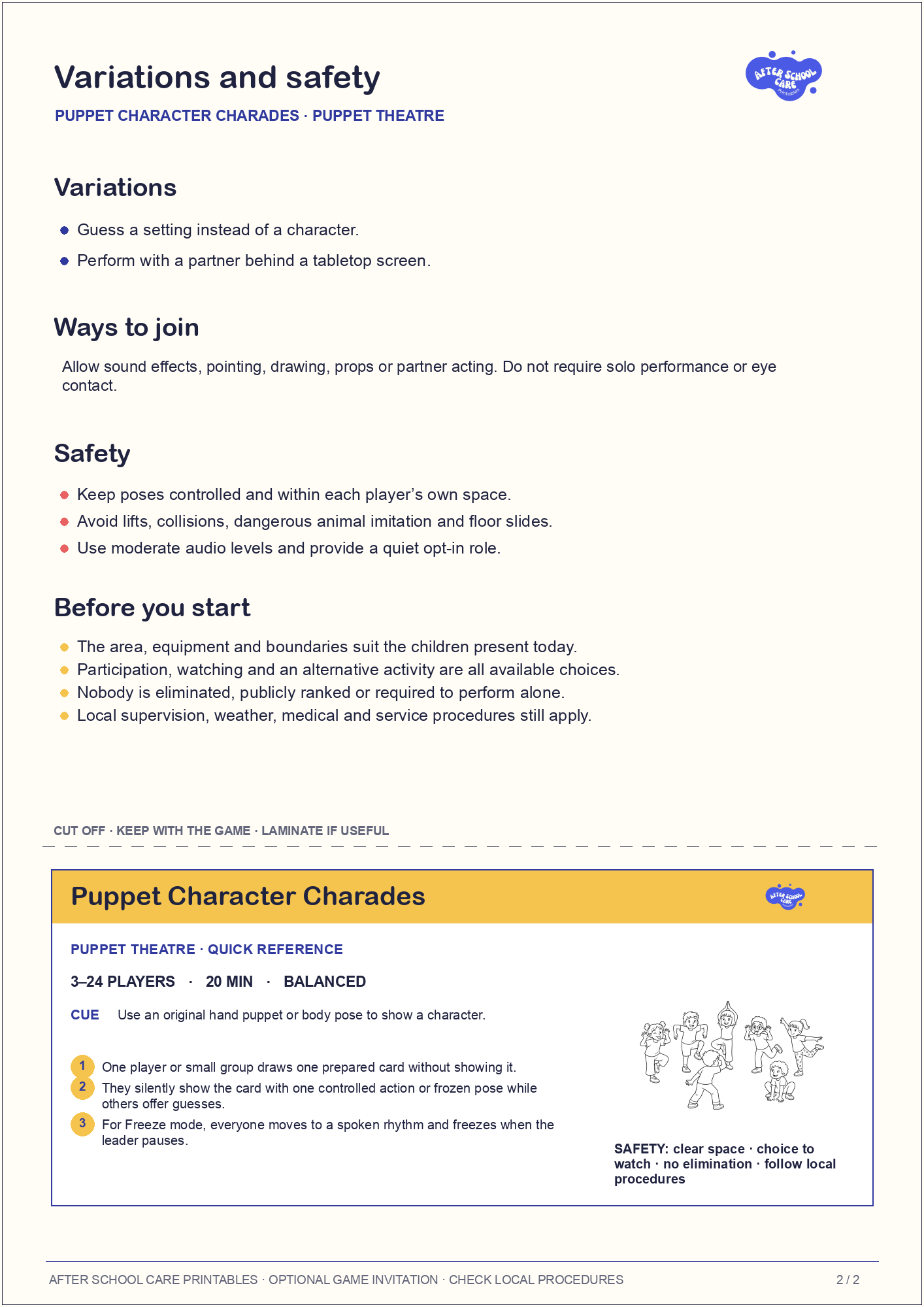 Puppet Character Charades – Puppet Theatre Printable Game variations and safety page preview