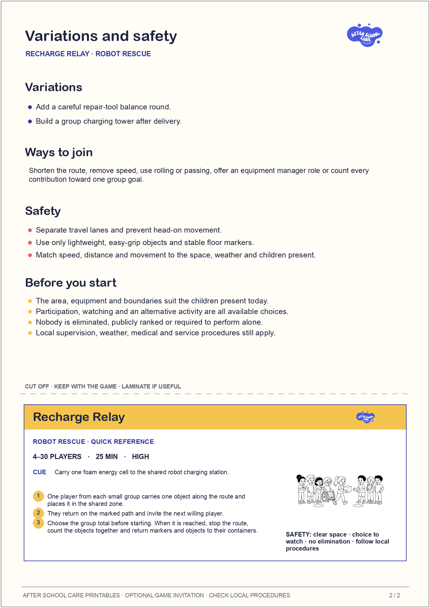 Recharge Relay – Robot Rescue Printable Game variations and safety page preview
