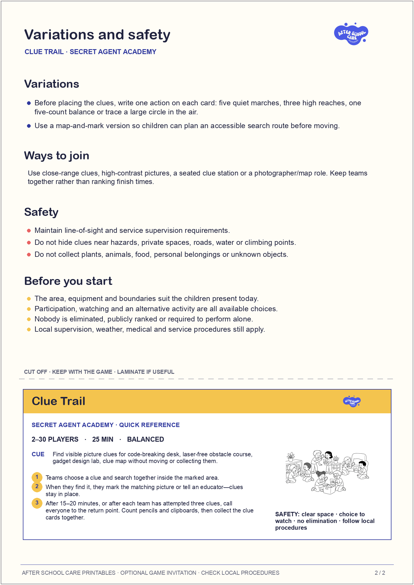 Clue Trail – Secret Agent Academy Printable Game variations and safety page preview