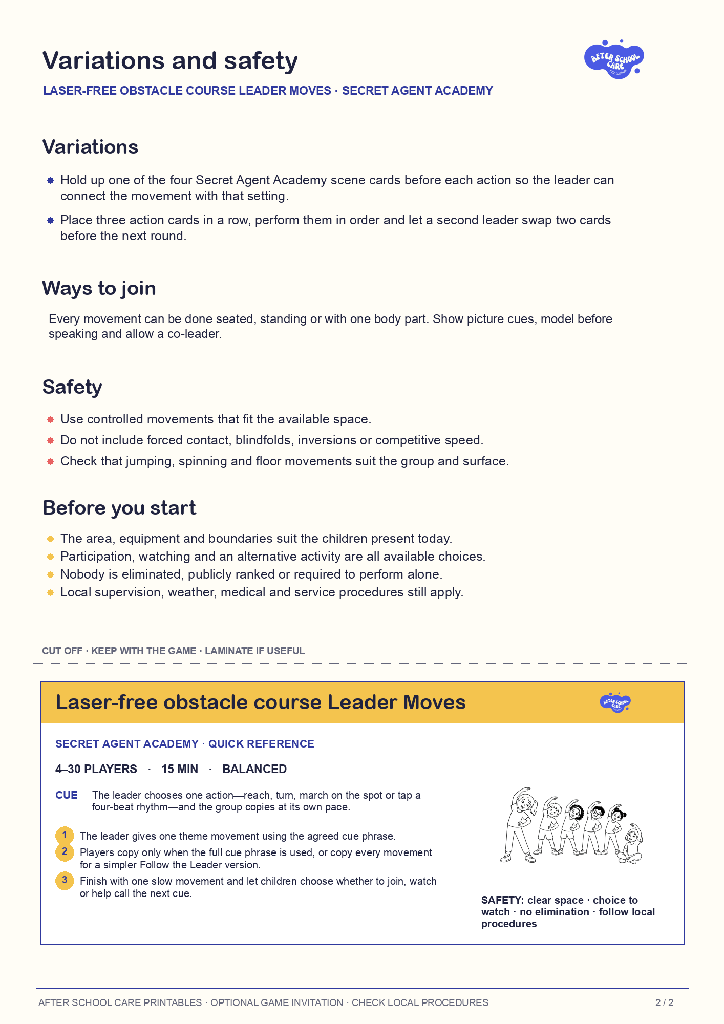 Laser-free obstacle course Leader Moves – Secret Agent Academy Printable Game variations and safety page preview