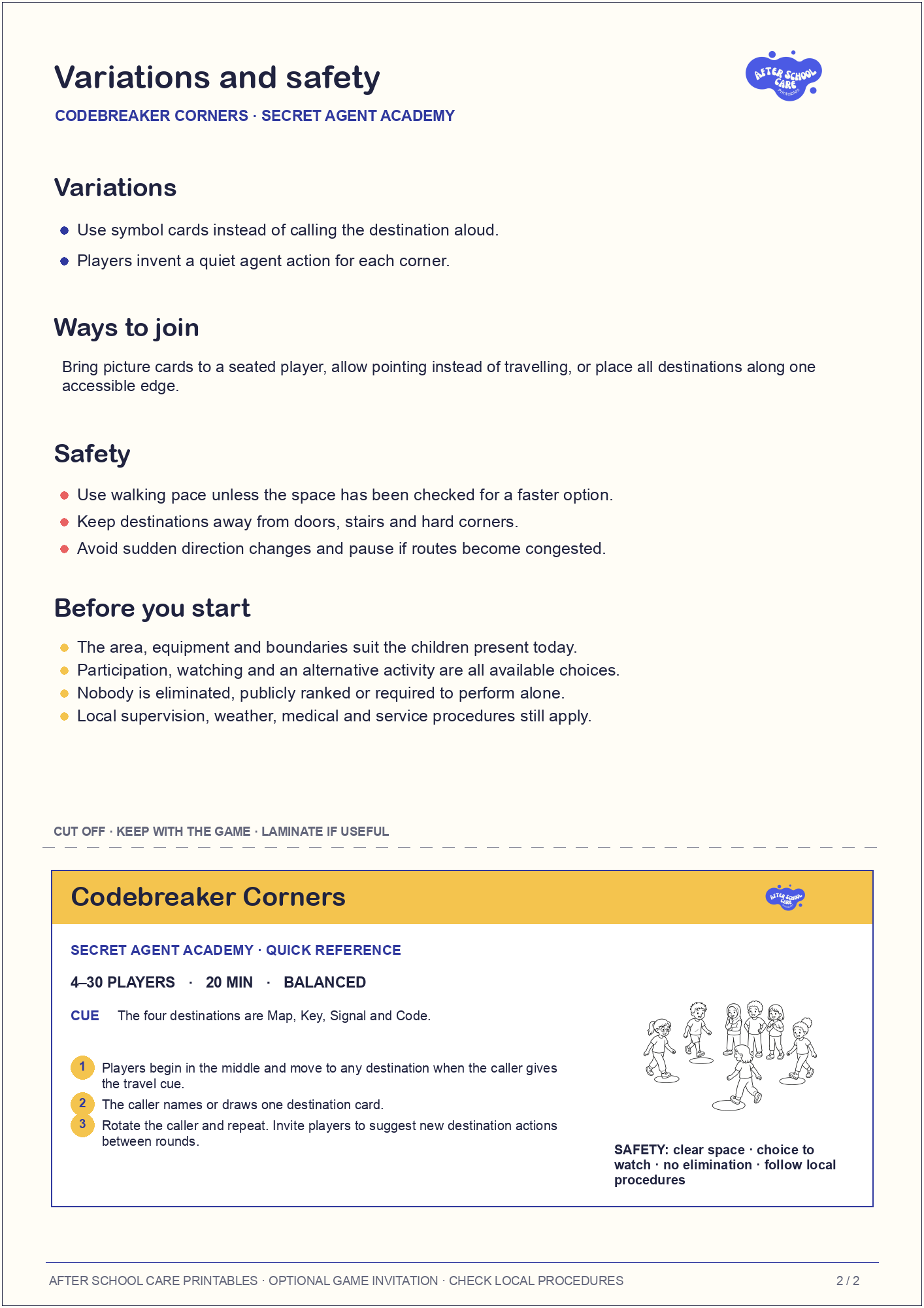 Codebreaker Corners – Secret Agent Academy Printable Game variations and safety page preview