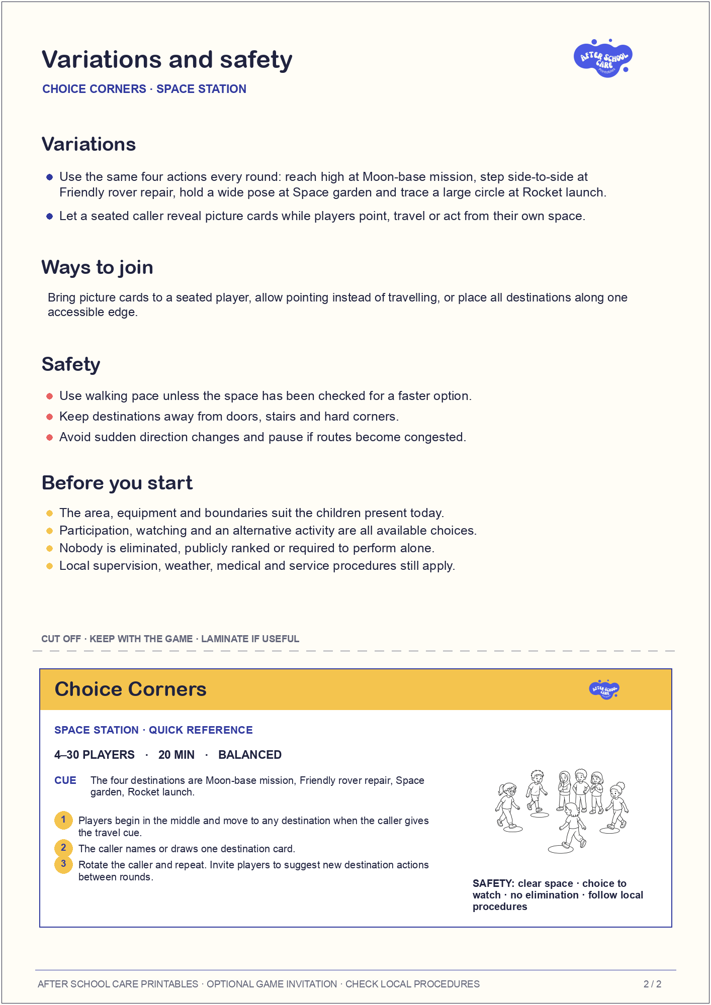 Choice Corners – Space Station Printable Game variations and safety page preview