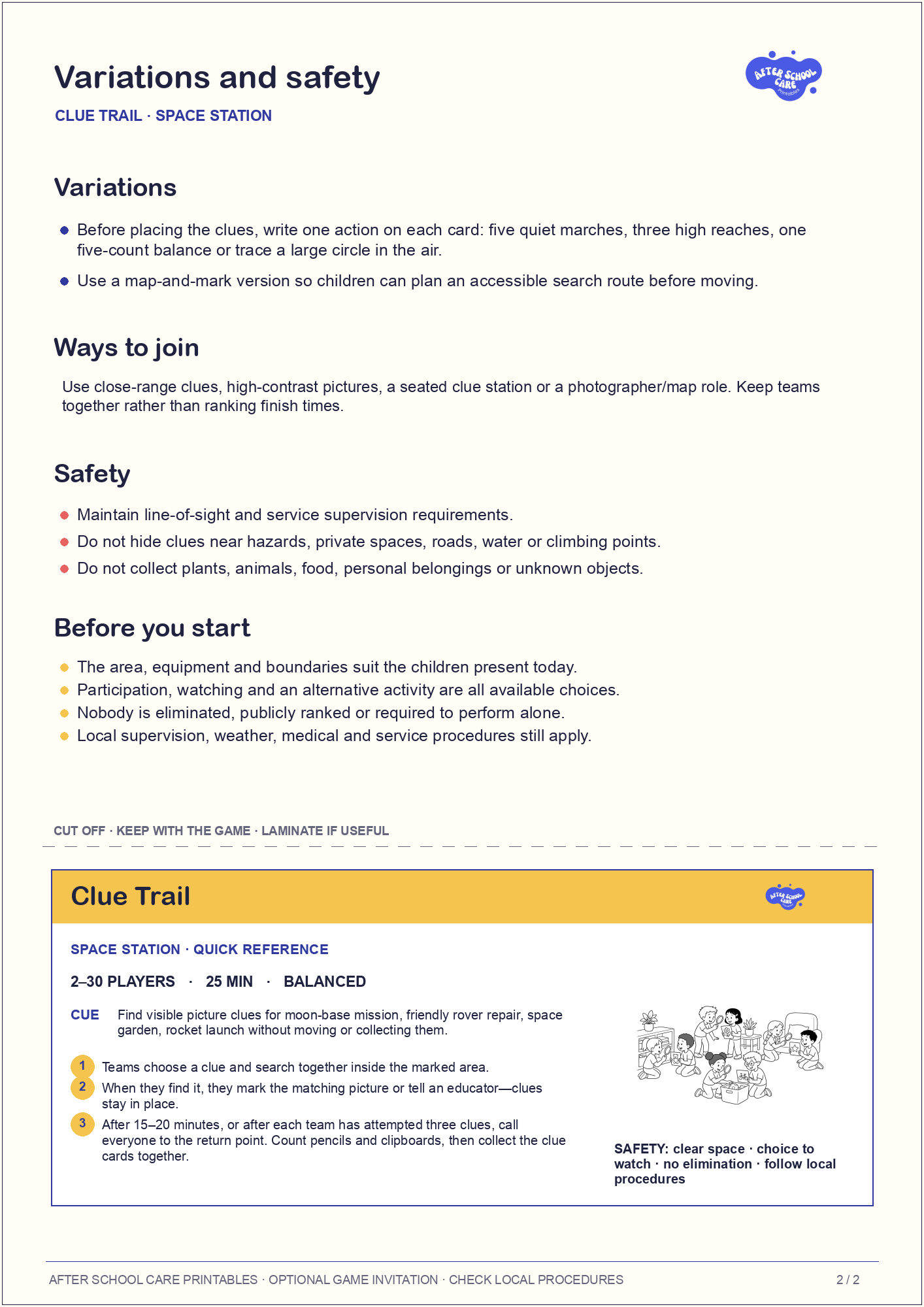 Clue Trail – Space Station Printable Game variations and safety page preview
