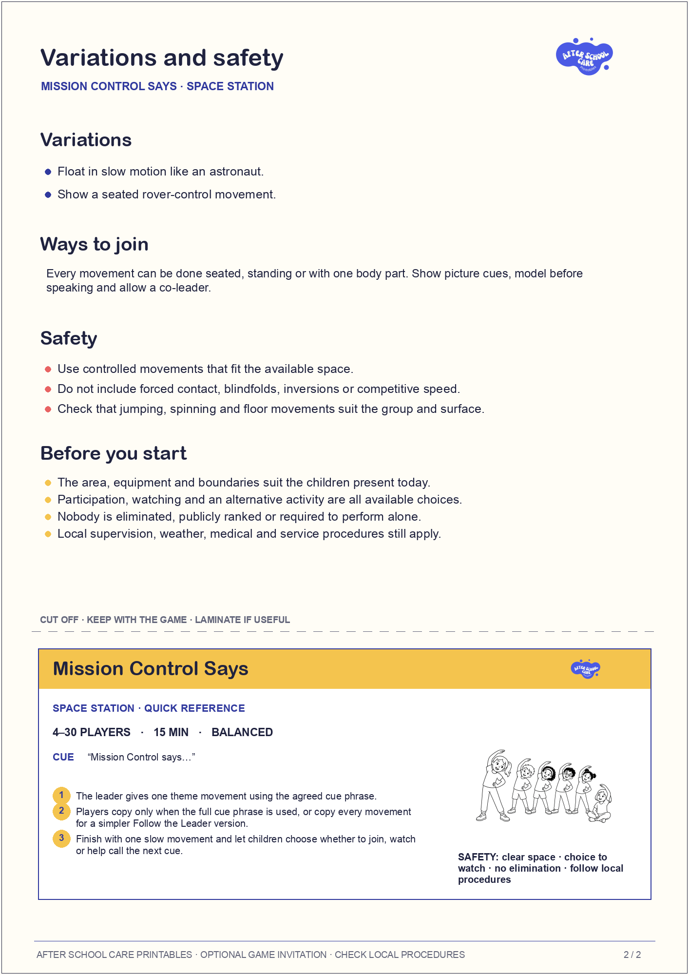 Mission Control Says – Space Station Printable Game variations and safety page preview