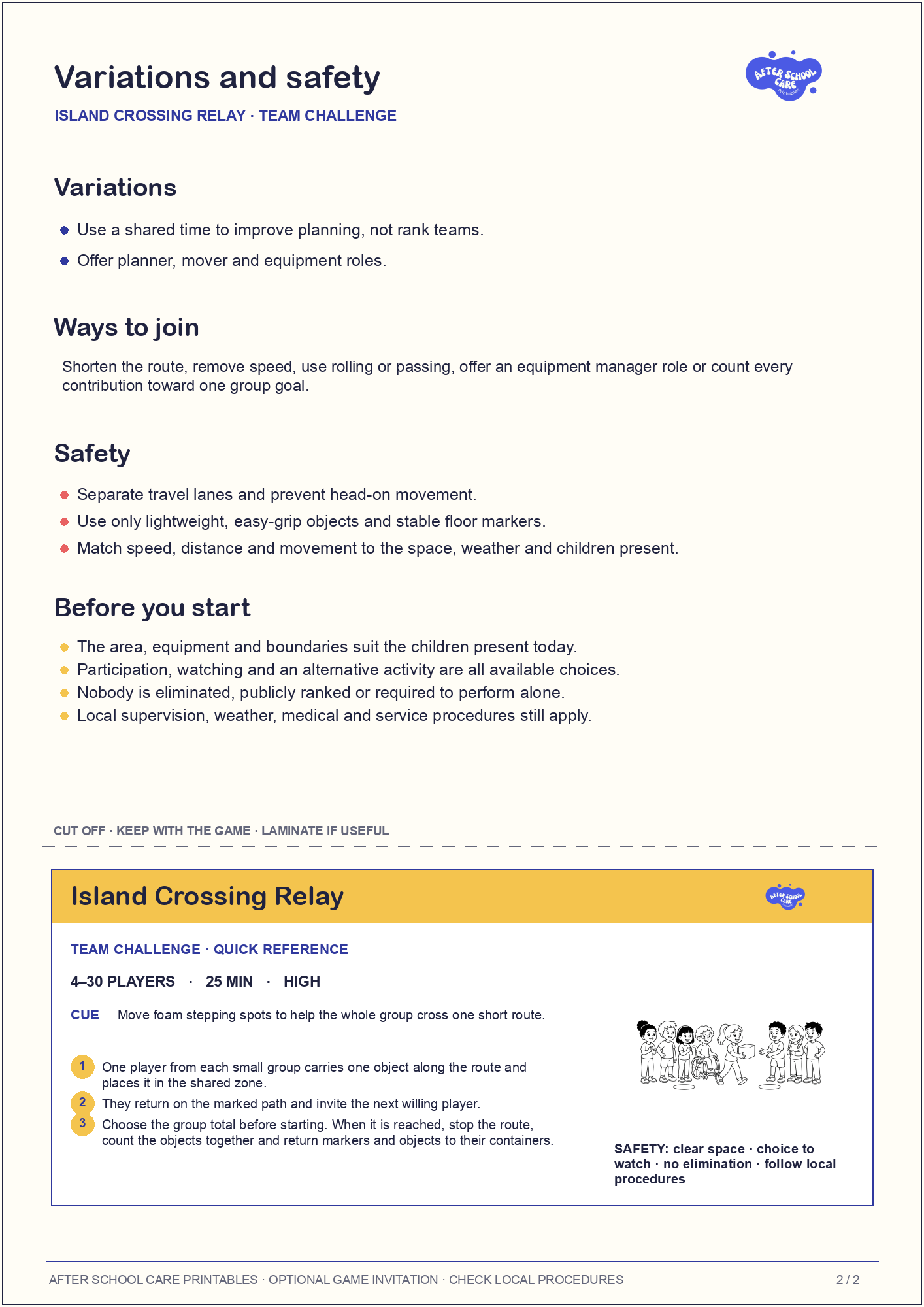 Island Crossing Relay – Team Challenge Printable Game variations and safety page preview