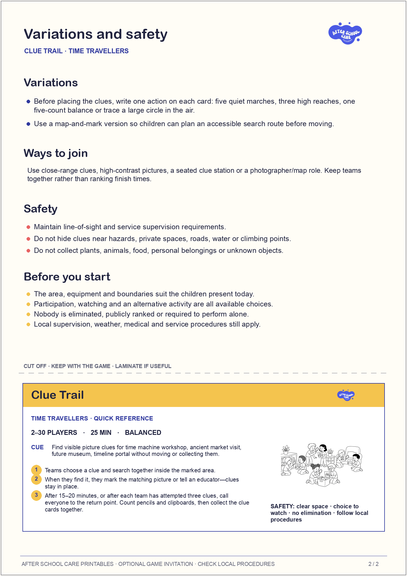 Clue Trail – Time Travellers Printable Game variations and safety page preview