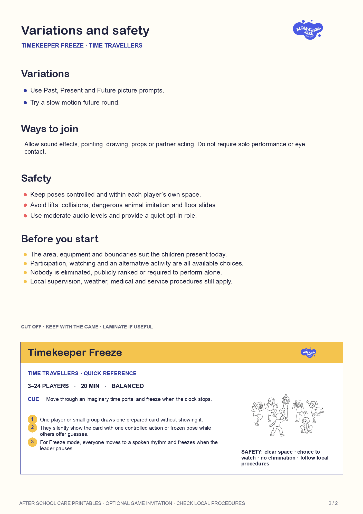 Timekeeper Freeze – Time Travellers Printable Game variations and safety page preview
