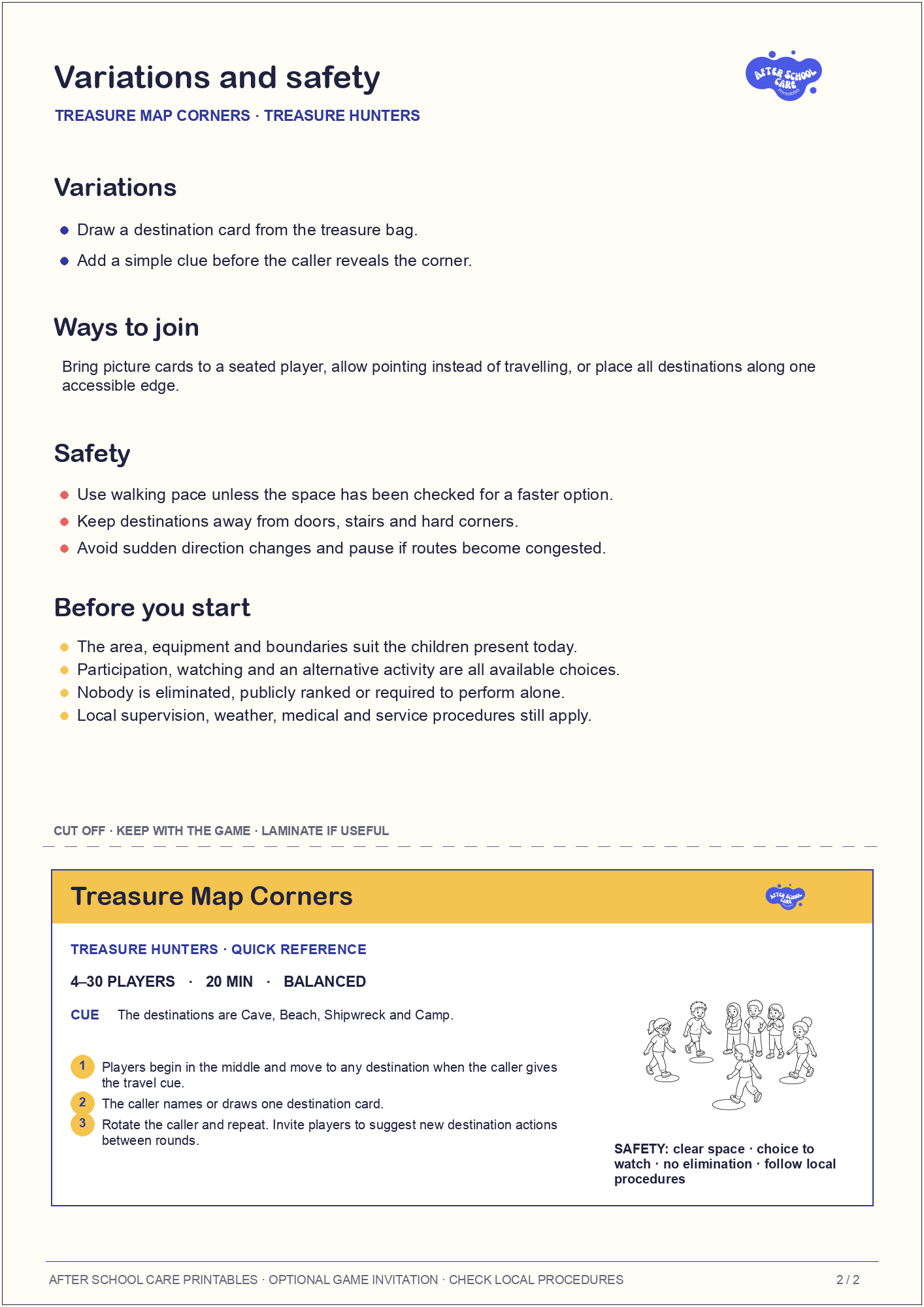 Treasure Map Corners – Treasure Hunters Printable Game variations and safety page preview