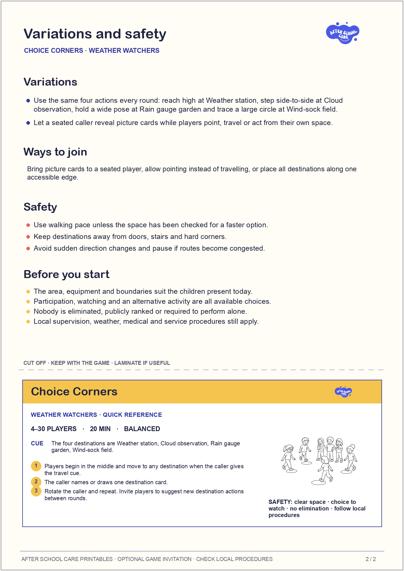 Choice Corners – Weather Watchers Printable Game variations and safety page preview