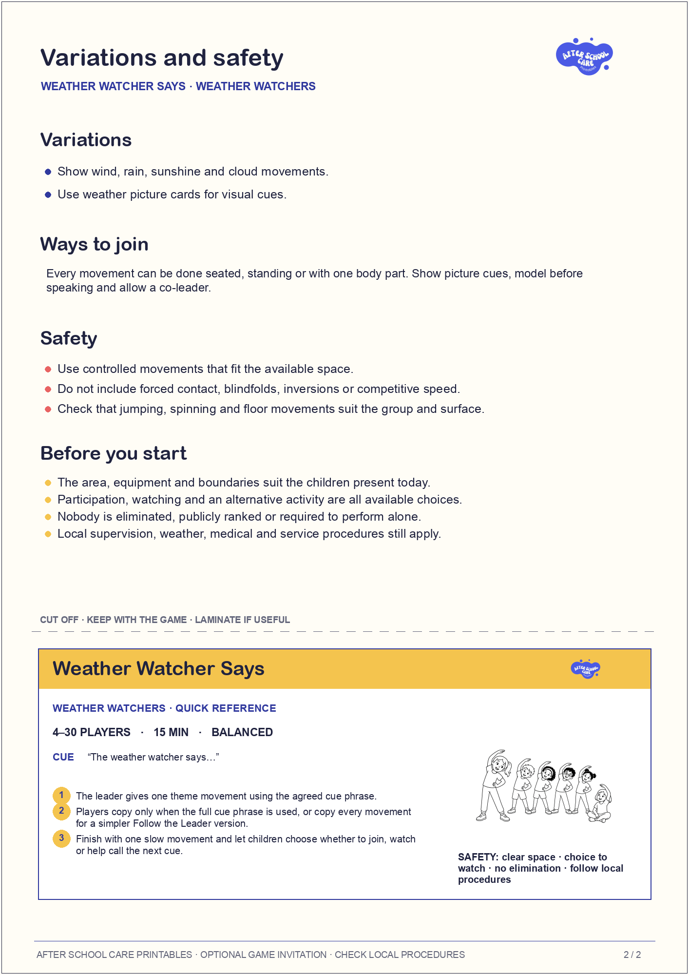 Weather Watcher Says – Weather Watchers Printable Game variations and safety page preview