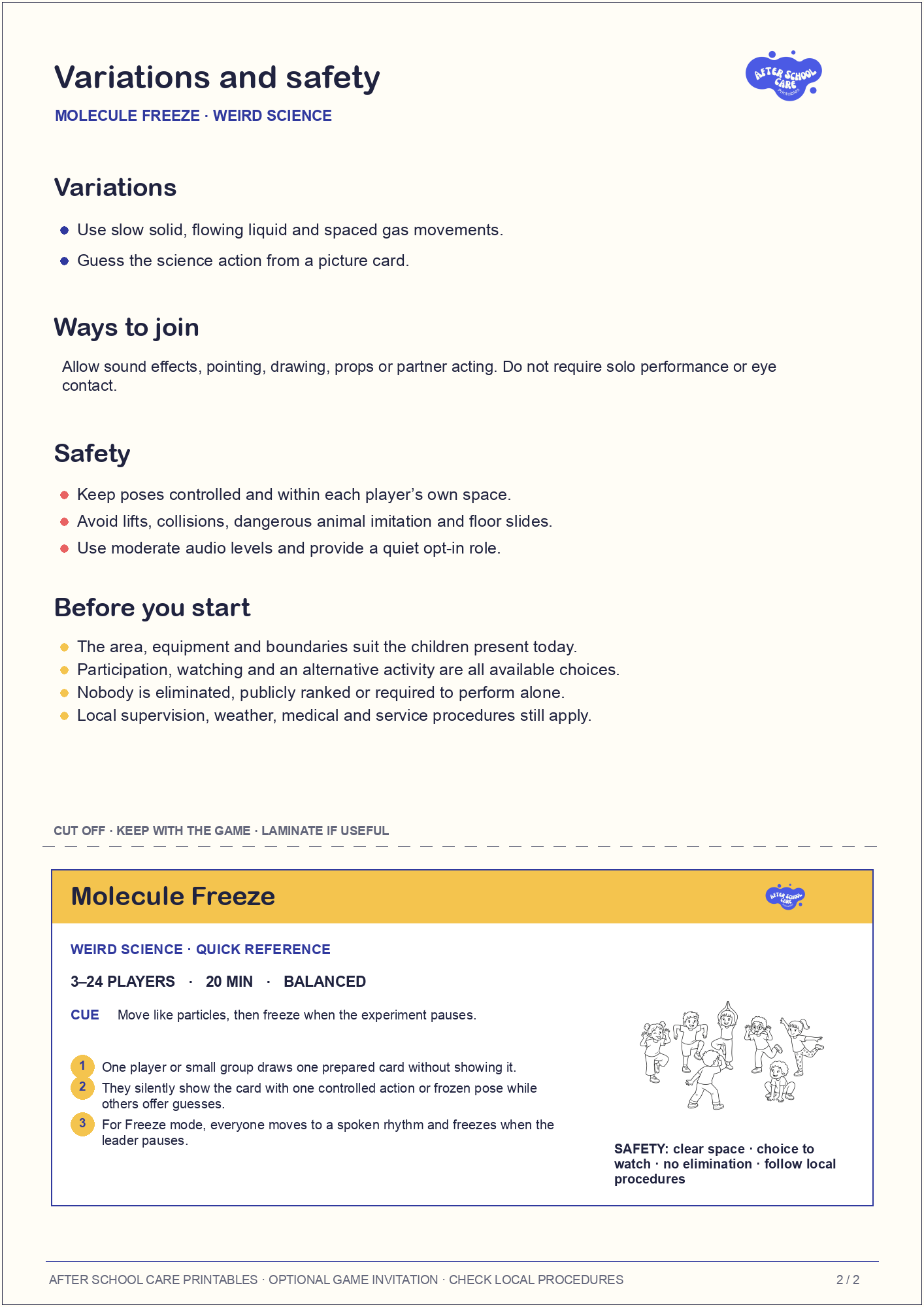 Molecule Freeze – Weird Science Printable Game variations and safety page preview
