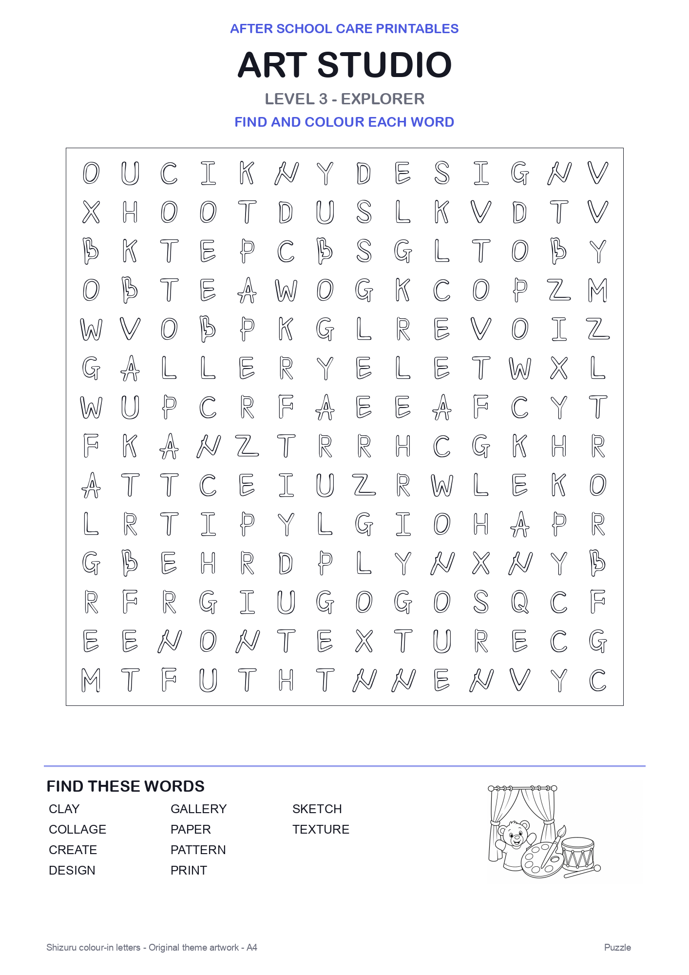 Art Studio Colour-In Word Search Pack level 3 preview