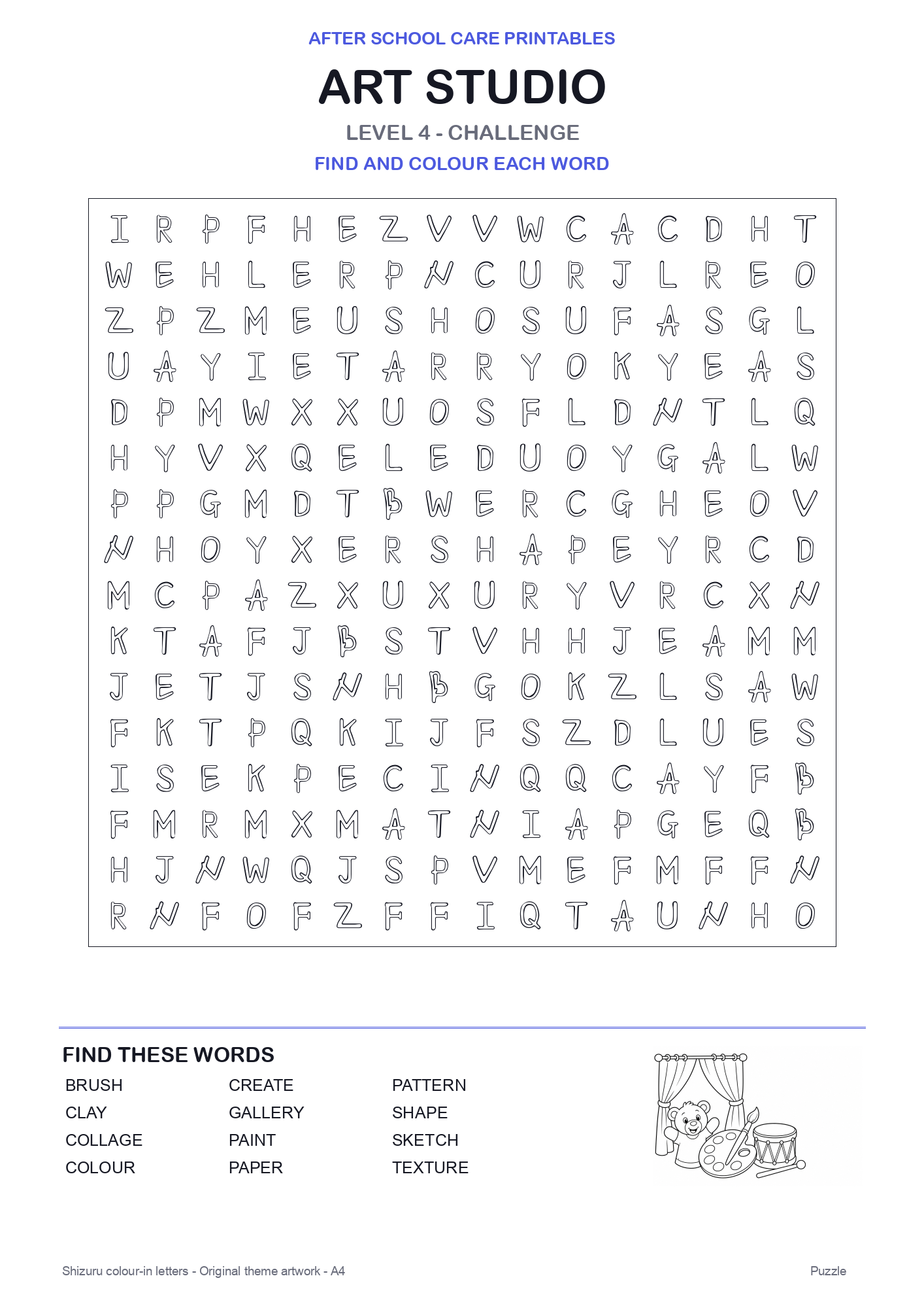 Art Studio Colour-In Word Search Pack level 4 preview