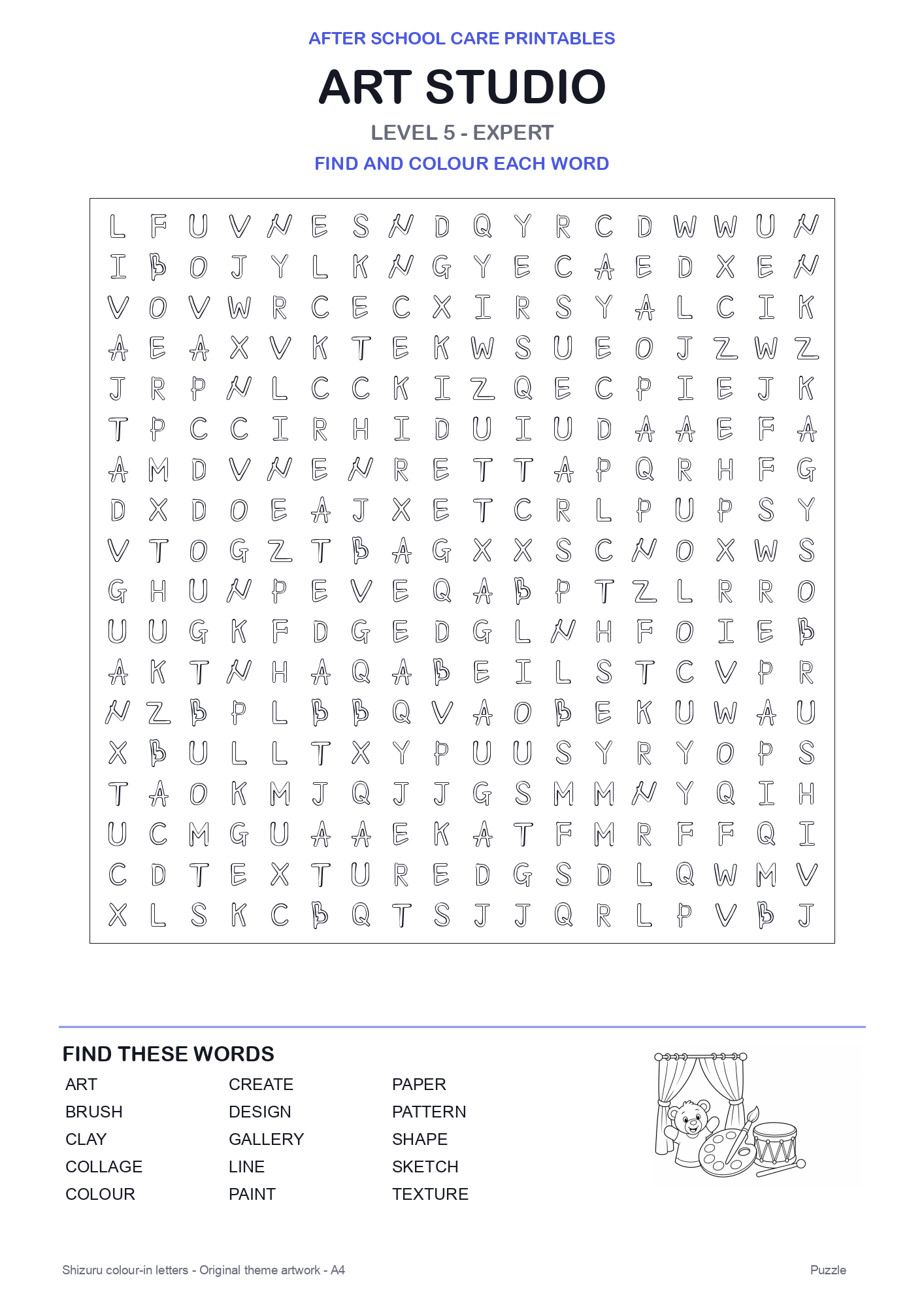 Art Studio Colour-In Word Search Pack level 5 preview