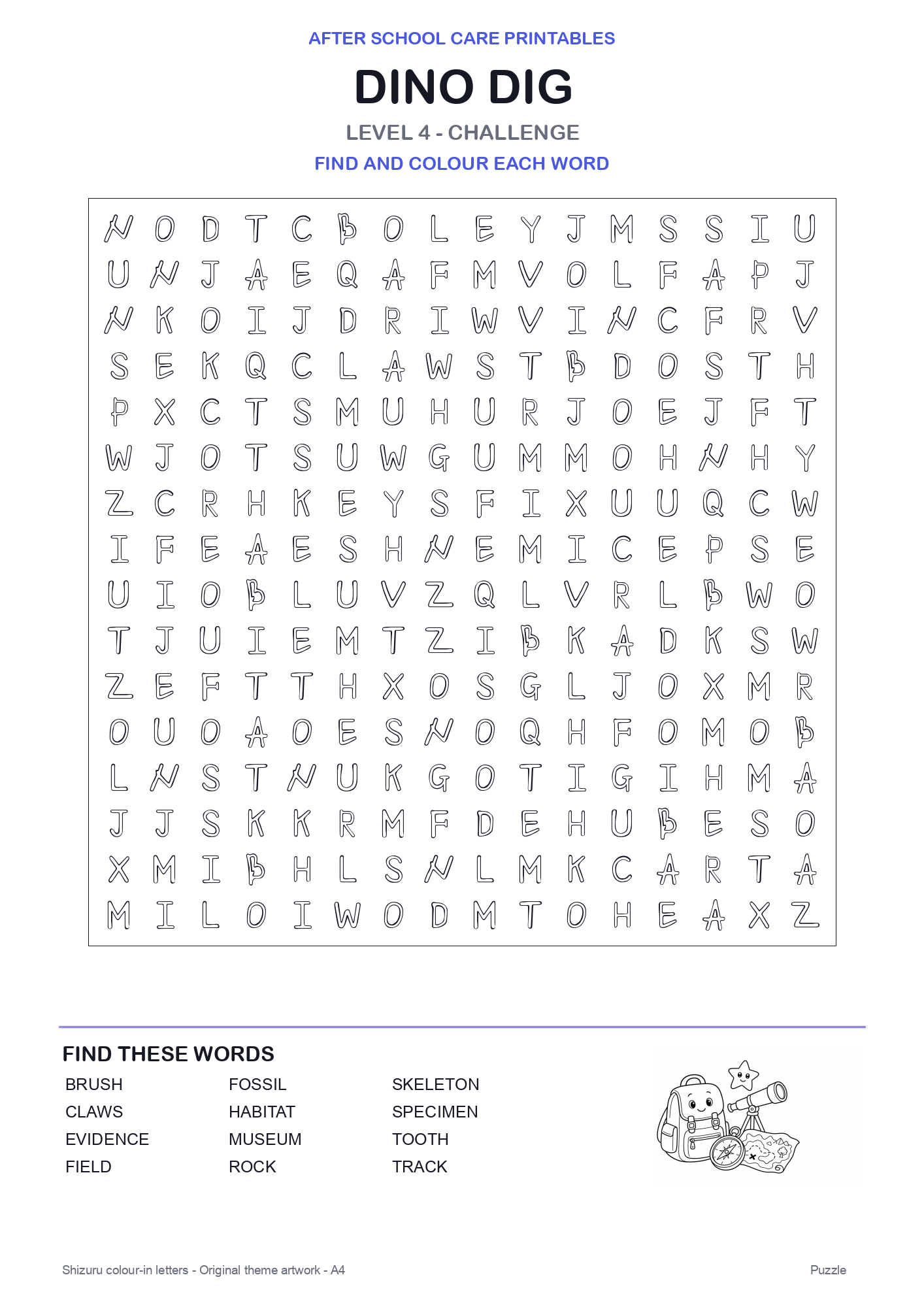 Dino Dig Colour-In Word Search Pack level 4 preview