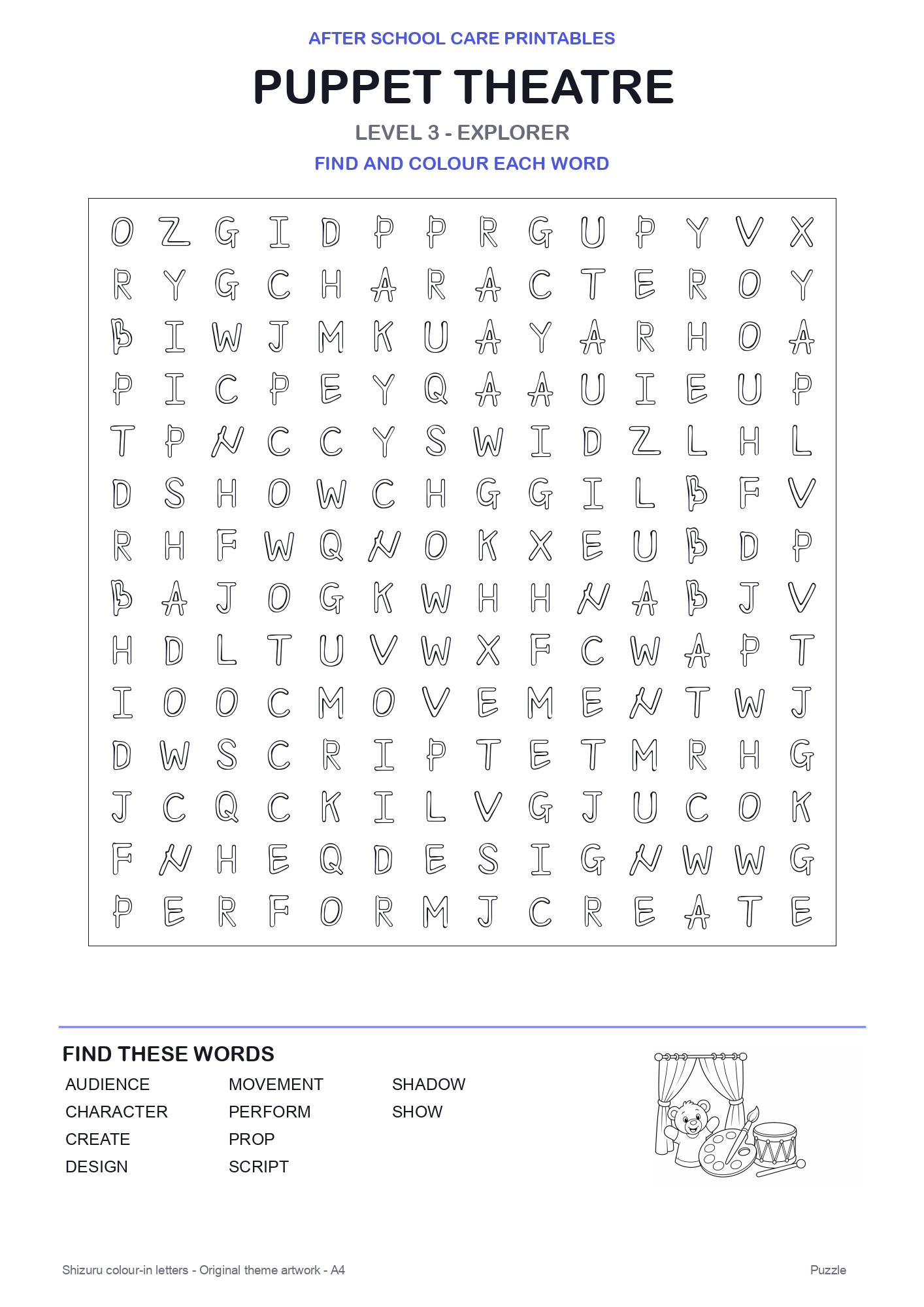 Puppet Theatre Colour-In Word Search Pack level 3 preview