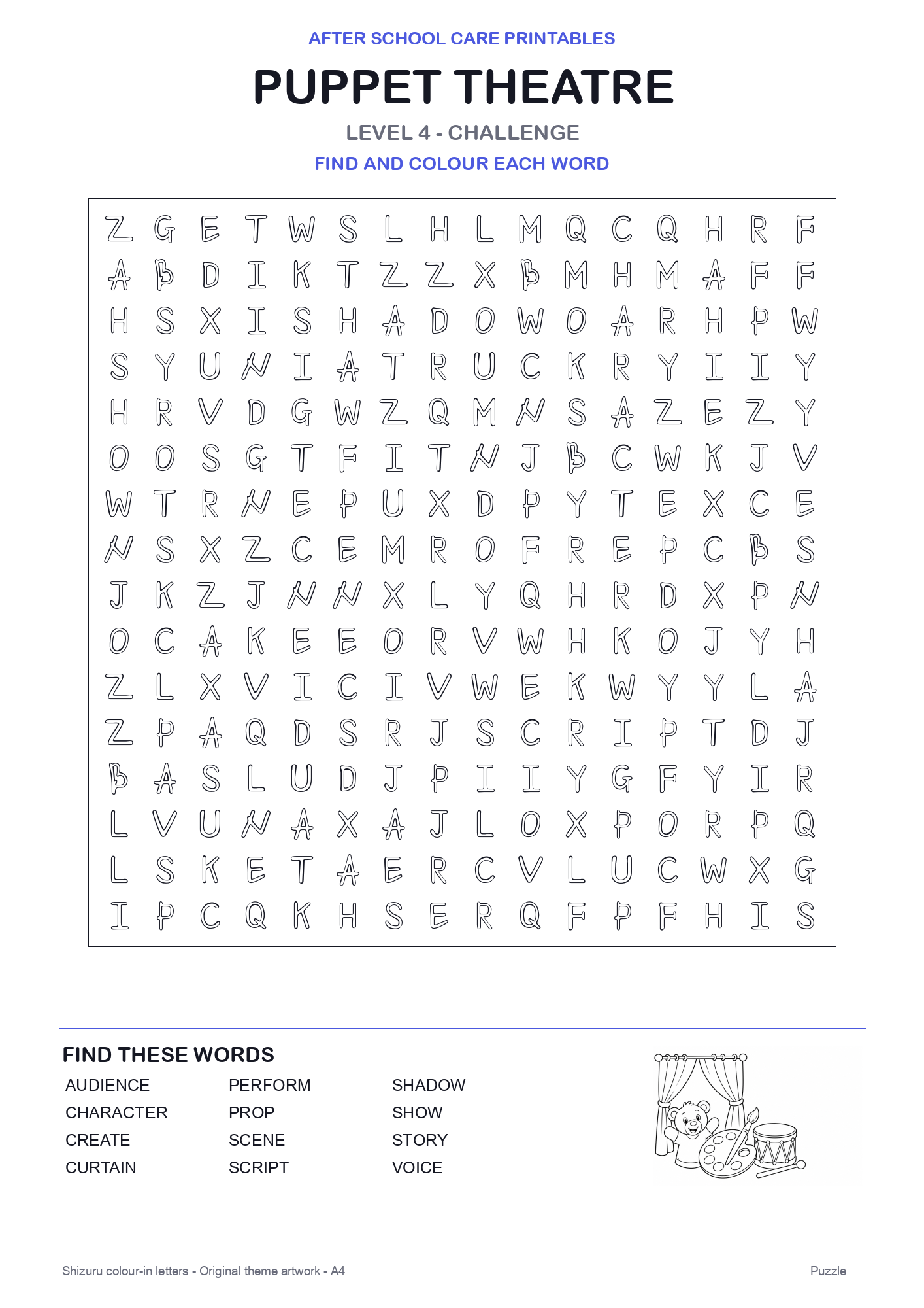 Puppet Theatre Colour-In Word Search Pack level 4 preview