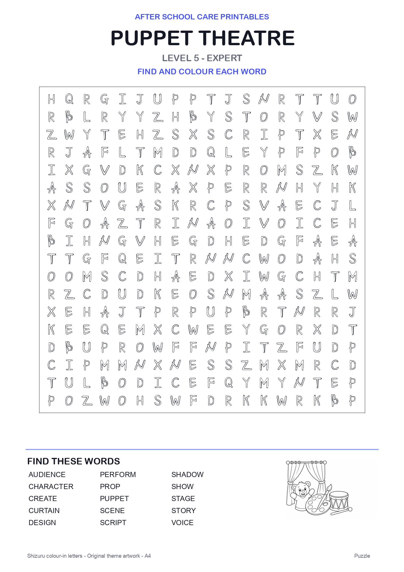 Puppet Theatre Colour-In Word Search Pack level 5 preview