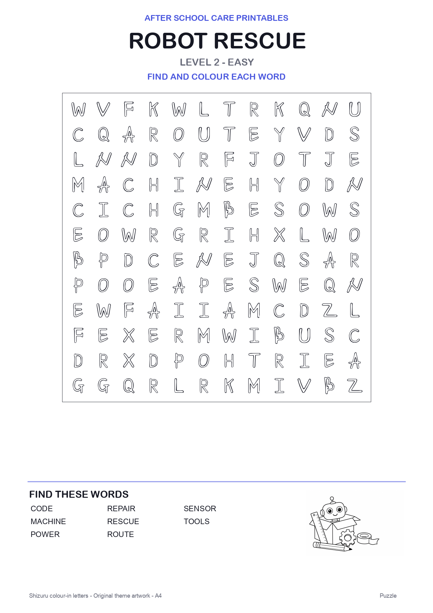 Robot Rescue Colour-In Word Search Pack level 2 preview