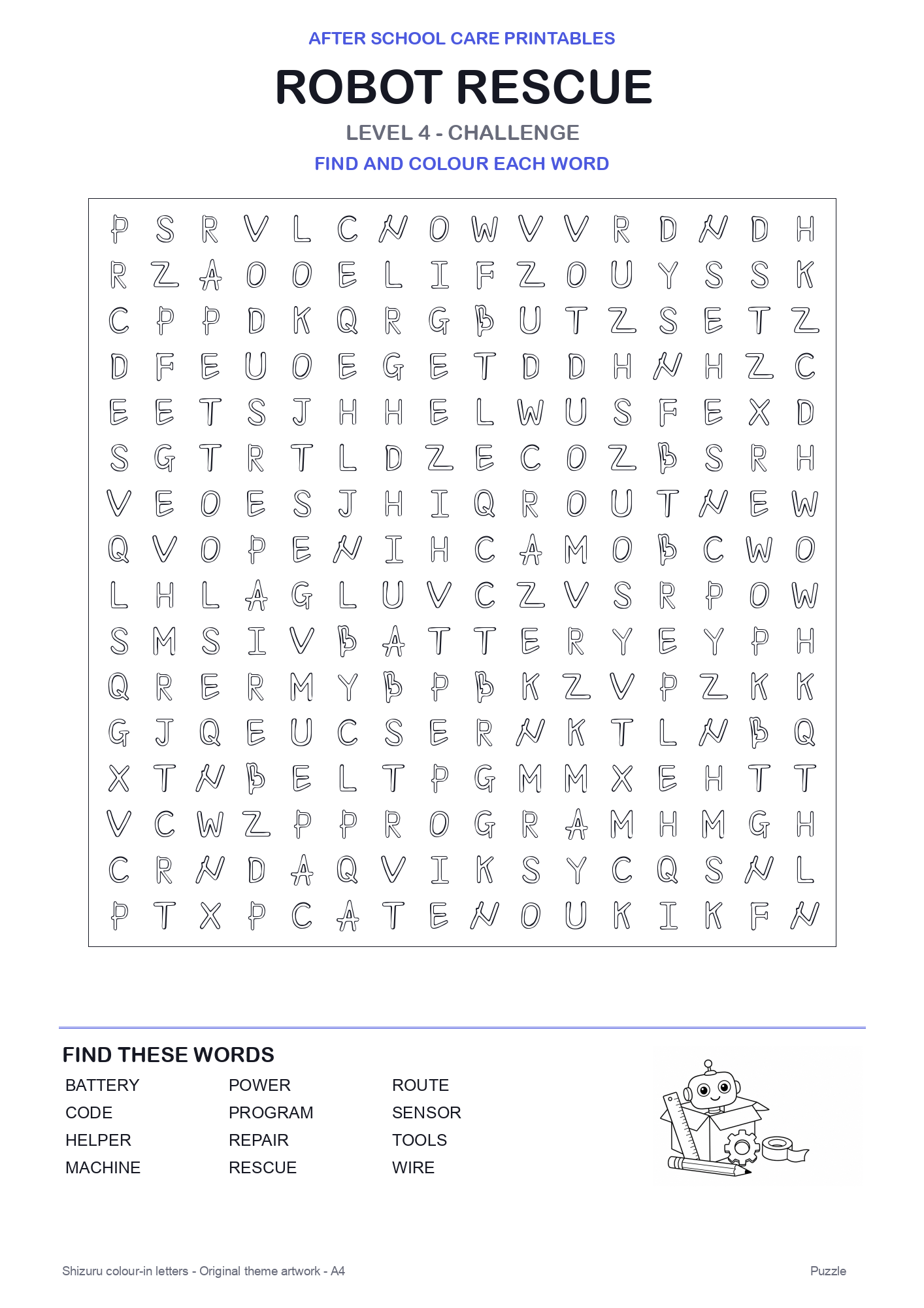 Robot Rescue Colour-In Word Search Pack level 4 preview