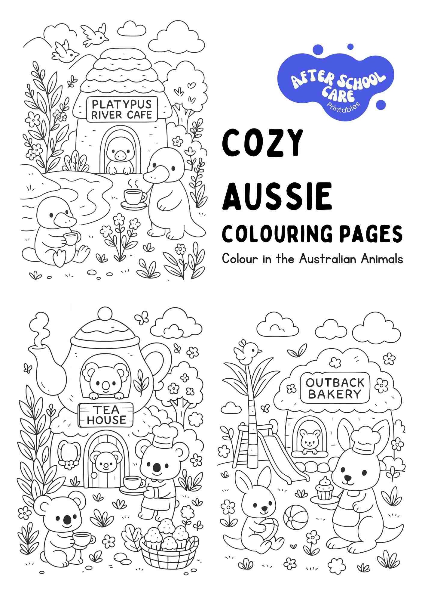 a collage-style thumbnail showing small crops of the koala, kangaroo, platypus, wombat, and kookaburra pages with the title “Cozy Aussie Colouring Pages – Free Printable