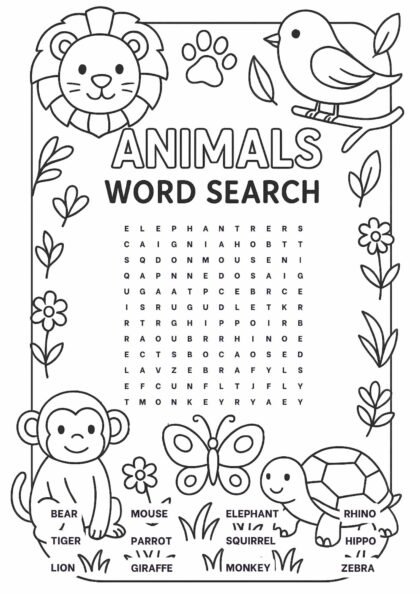 Free Animals Word Search Printable for Kids