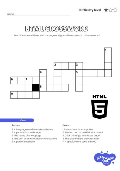 Free HTML Crossword Puzzle for Kids – Fun Web Coding Worksheet