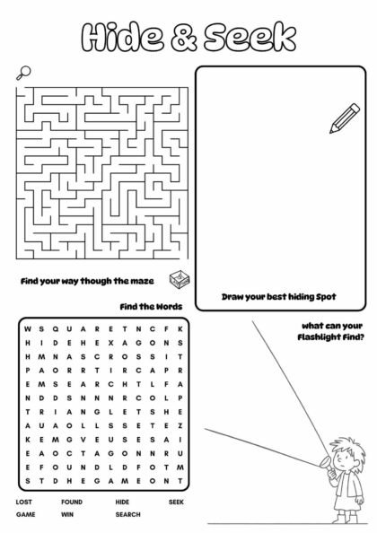Free Hide & Seek Printable Worksheet – Maze Word Search & Drawing