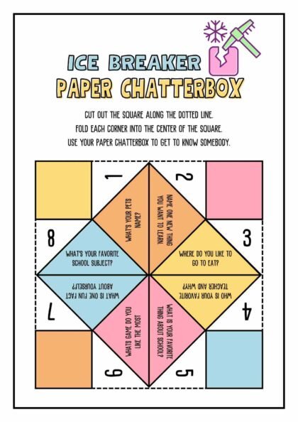 Printable Ice Breaker Chatterbox with numbered flaps and get-to-know-you questions, ready to cut and fold.