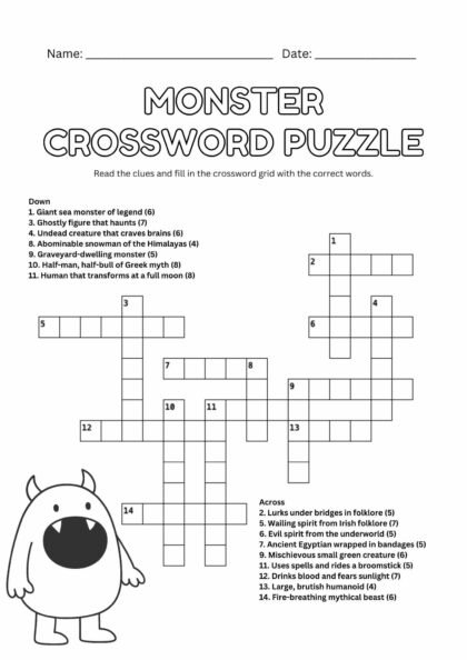 Monster Crossword Puzzle Worksheet for Kids – Myth & Folklore Vocabulary