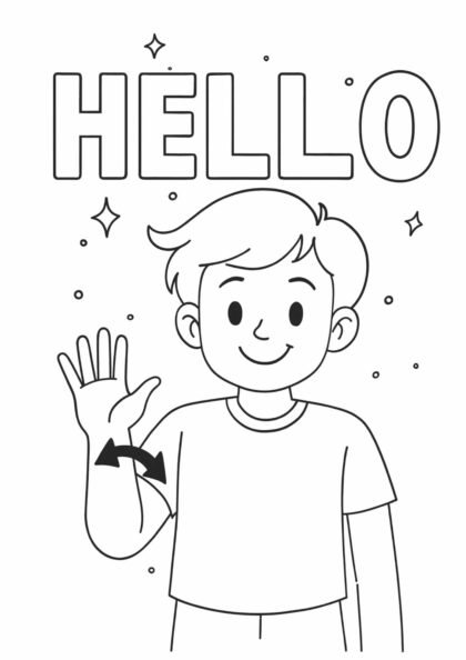 Free “HELLO” Auslan Sign Colouring Page – Greeting Worksheet