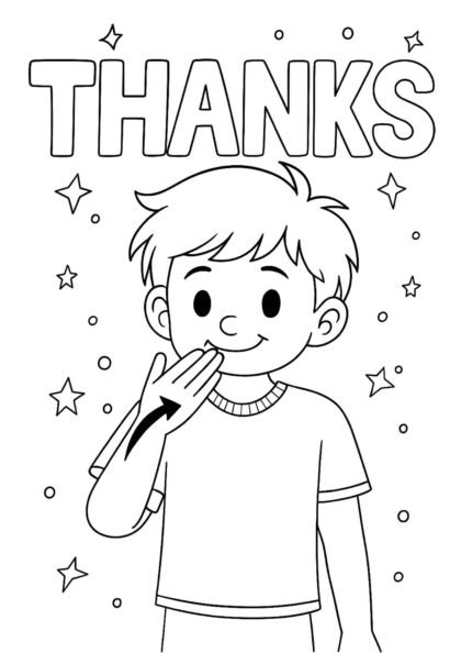 Free “THANKS” Auslan Sign Colouring Page – Gratitude Worksheet
